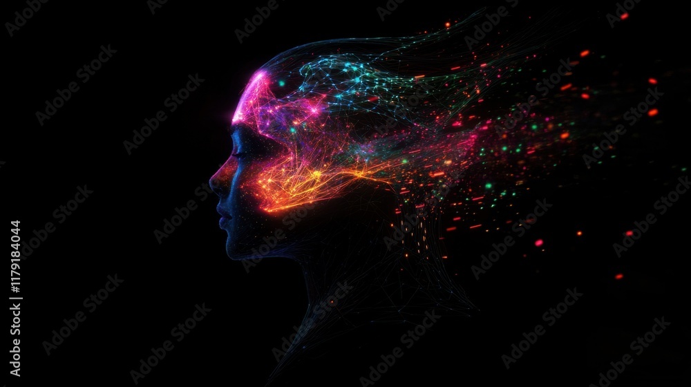 Poster a futuristic ai illustration with a glowing human profile integrated with a digital matrix and neura