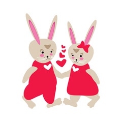 Lovers cute cartoon hares in red clothes with hearts - vector illustration for packaging design, cards, banners, print for clothes
