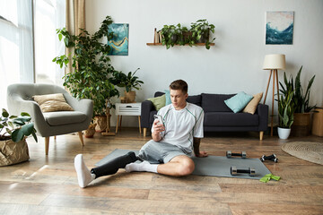 Fototapeta premium Young man with prosthetic leg engaging in fitness routine at home during morning hours