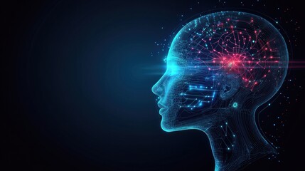 Obraz premium A futuristic concept of a digital human head glowing with circuits, neural networks, and holographic displays