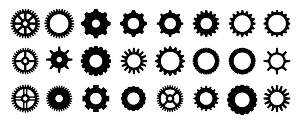 Gears shapes line icons. Flat machine gear icon. Wheel cogwheel vector. Simple outline isolated elements. Black gear.