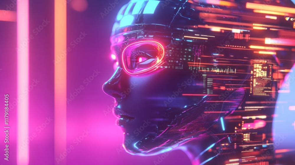 Poster a futuristic concept with a glowing ai head and data streams, showcasing the integration of human in