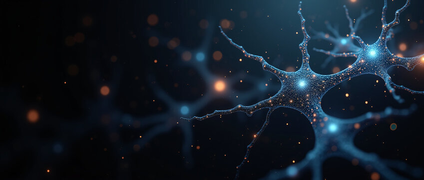 Photorealistic Digital Neuron Network in Ethereal Blue with Orange Accents on Dark Background