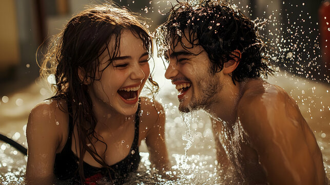 Couple Laughs and Splashes Joyfully in Pool with Sparkling Water and Warm Sunlight