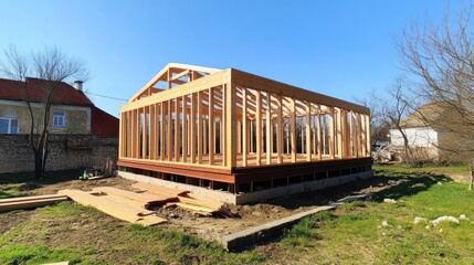 Obraz premium Wooden house frame under construction.