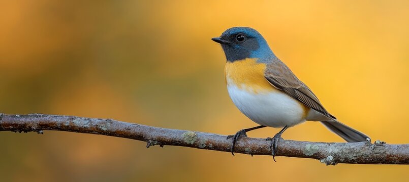 A Striking Northern Parula Perched on a Branch Against a Soft Yellow Autumn Background