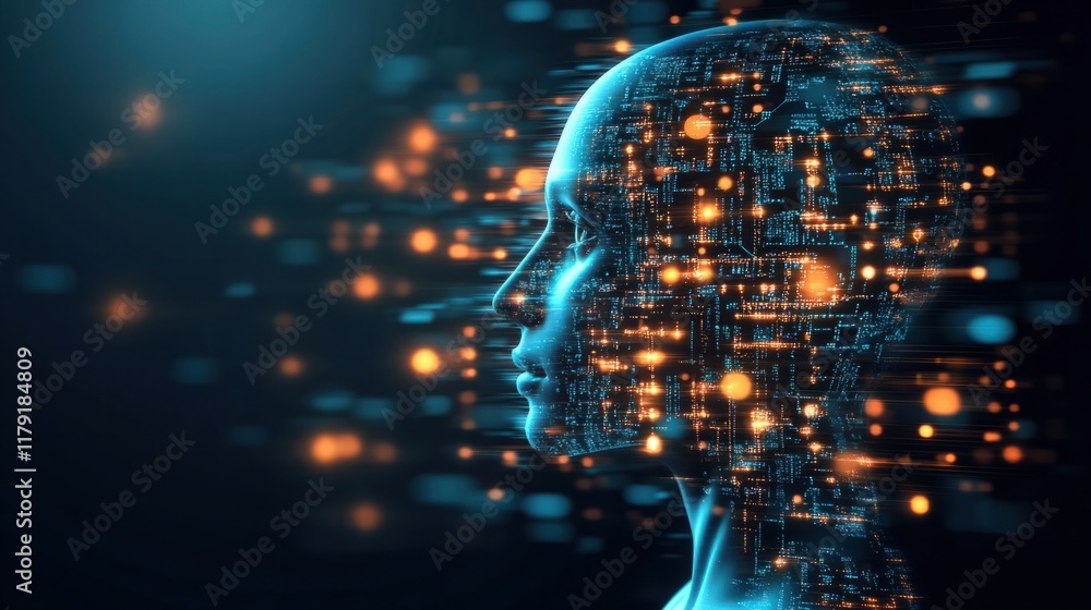 Poster a futuristic concept with a glowing ai head and data streams, showcasing the integration of human in