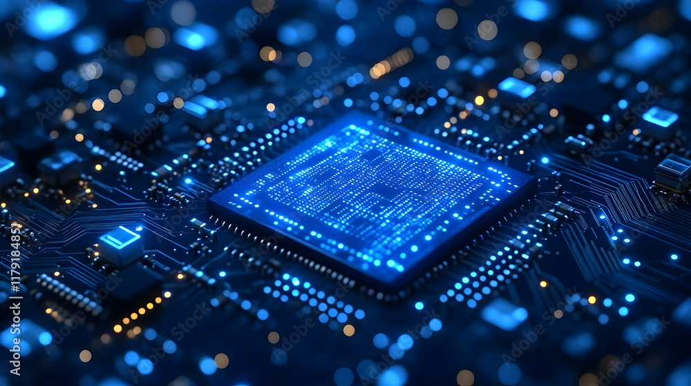 Poster 3d rendered circuit board shows a cpu processing data with glowing blue lights