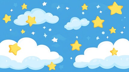 Yellow Stars Shine Brightly Above Fluffy White Clouds