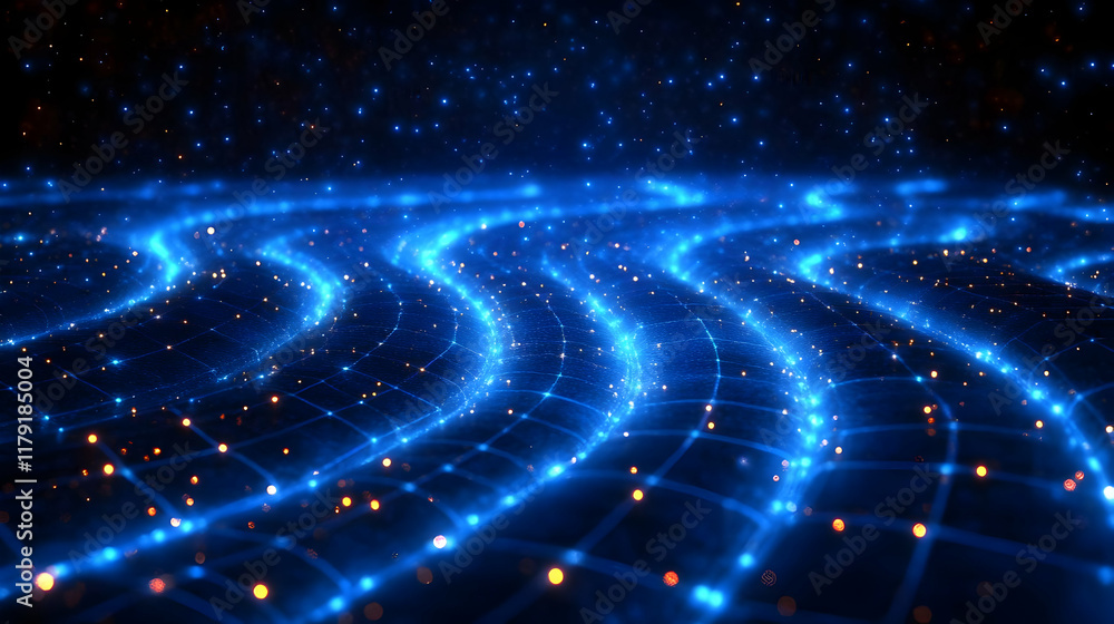 Poster abstract blue wavy grid glows with particles in a dark background with stars.