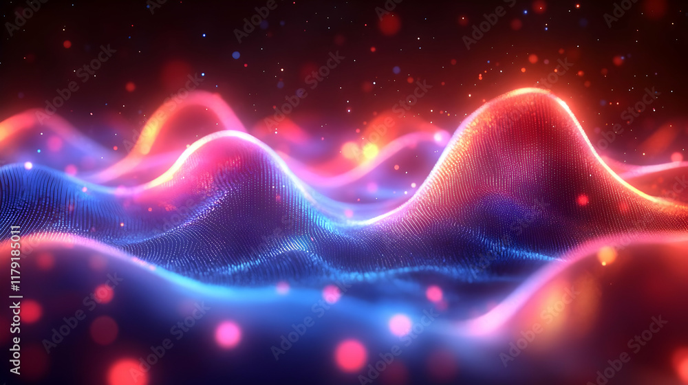 Poster abstract background with flowing waves and glowing particles in vibrant colors.