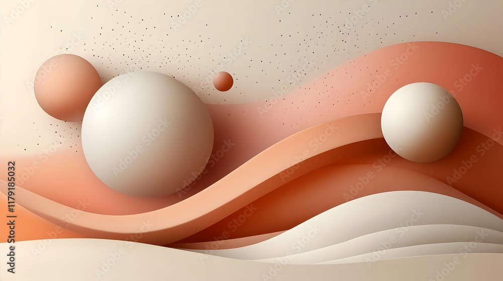 Poster abstract 3d background with spheres and flowing waves in warm tones