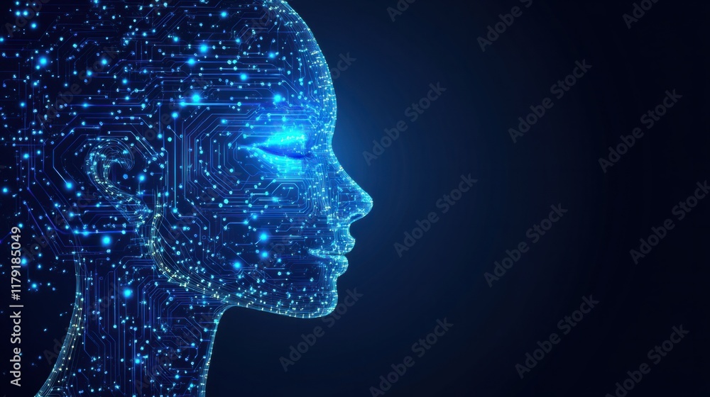 Aufkleber a futuristic digital face made of glowing blue circuits and data streams, symbolizing artificial int
