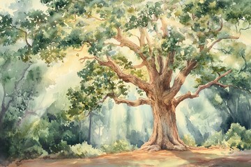 Fototapeta premium Serene watercolor painting of a majestic oak tree bathed in sunlight, standing tall in a lush forest. Tranquil nature scene.