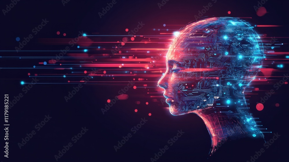Poster a futuristic concept with a glowing ai head and data streams, showcasing the integration of human in