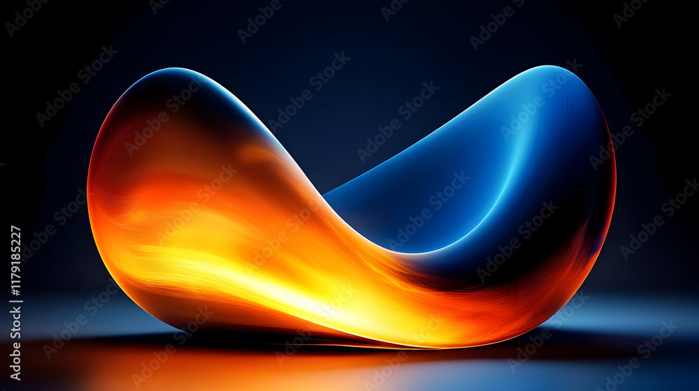 Poster 3d abstract form glows with orange and blue hues on a dark background, creating a visually striking 