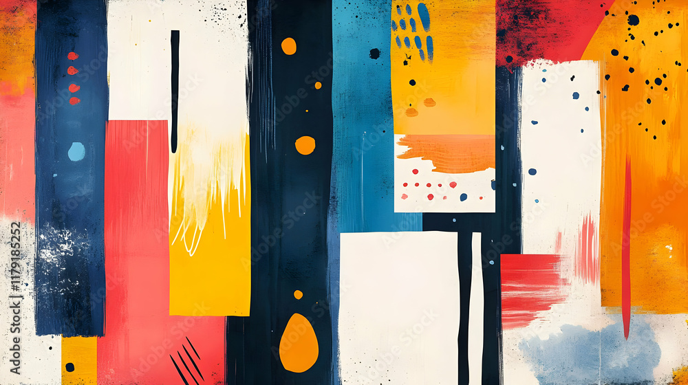 Poster Abstract Painting with Colorful Rectangles, Strokes, and Splashes Creates a Dynamic Composition