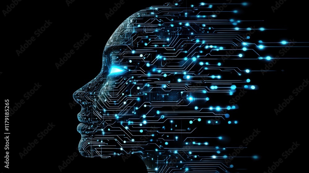 Poster a futuristic digital face made of glowing blue circuits and data streams, symbolizing artificial int