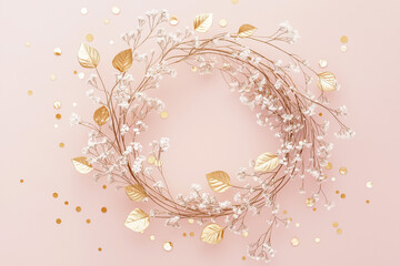 Obraz premium Digital illustration of a delicate wreath of golden leaves intertwined with tiny white flowers, designed against a soft blush pink background.