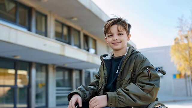 teenage boy in a wheelchair in school