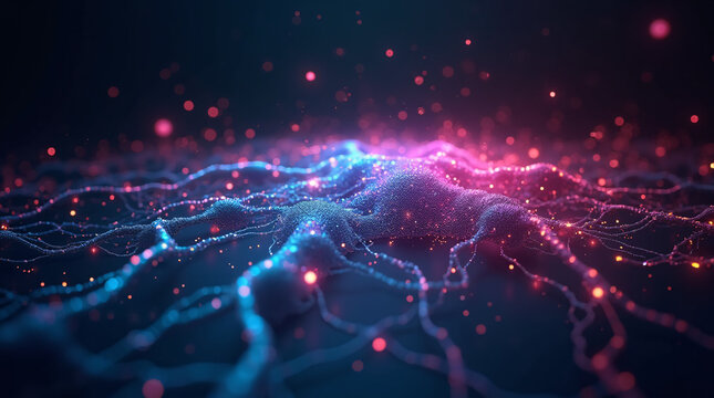 Holographic Neural Network Visualization with Pink and Blue Illuminated Connections