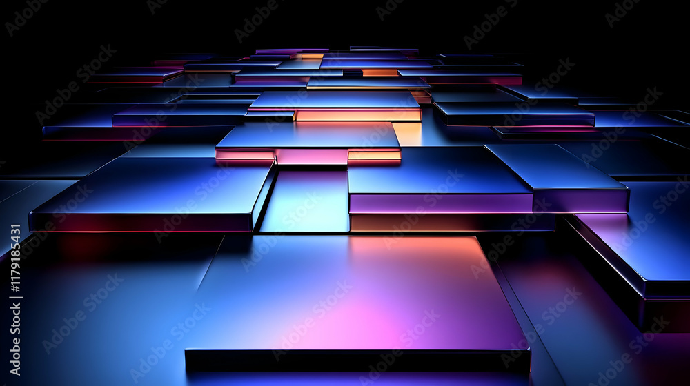 Poster 3d rendered abstract background shows shiny, iridescent, rectangular shapes on a dark background.