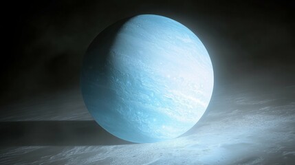 icy blue moon orbiting a gas giant, faint sunlight reflecting off its frosty surface