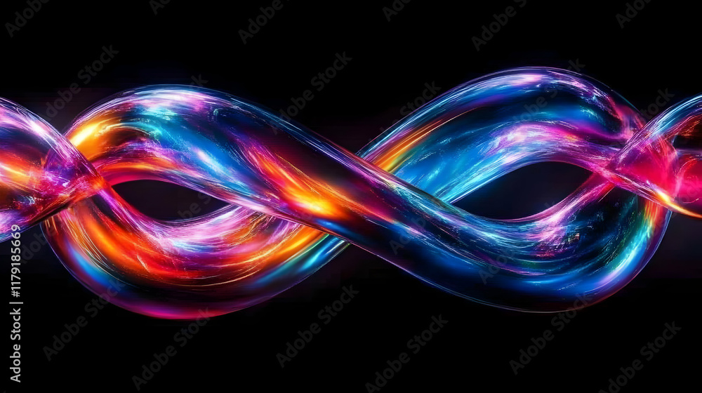 Poster vivid twisted light trails dance dynamically across a dark background, creating an abstract light pa