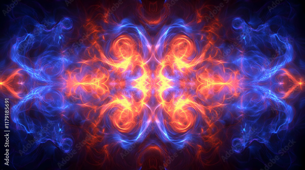 Poster abstract background forms a symmetrical pattern of blue and orange swirls with intricate details