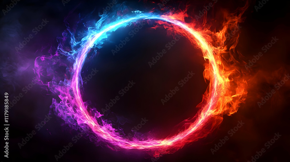 Poster circular fire and ice frame ignites with vivid colors dynamically on a dark background