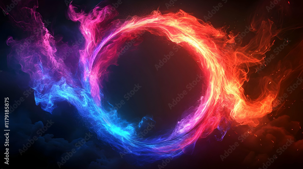 Poster abstract swirling fire and ice effect forms a dynamic circle with vibrant colors and dark background
