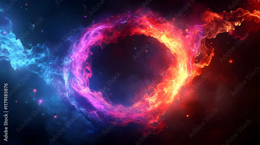 Poster abstract fire and ice circle background with colorful smoke and starry particles