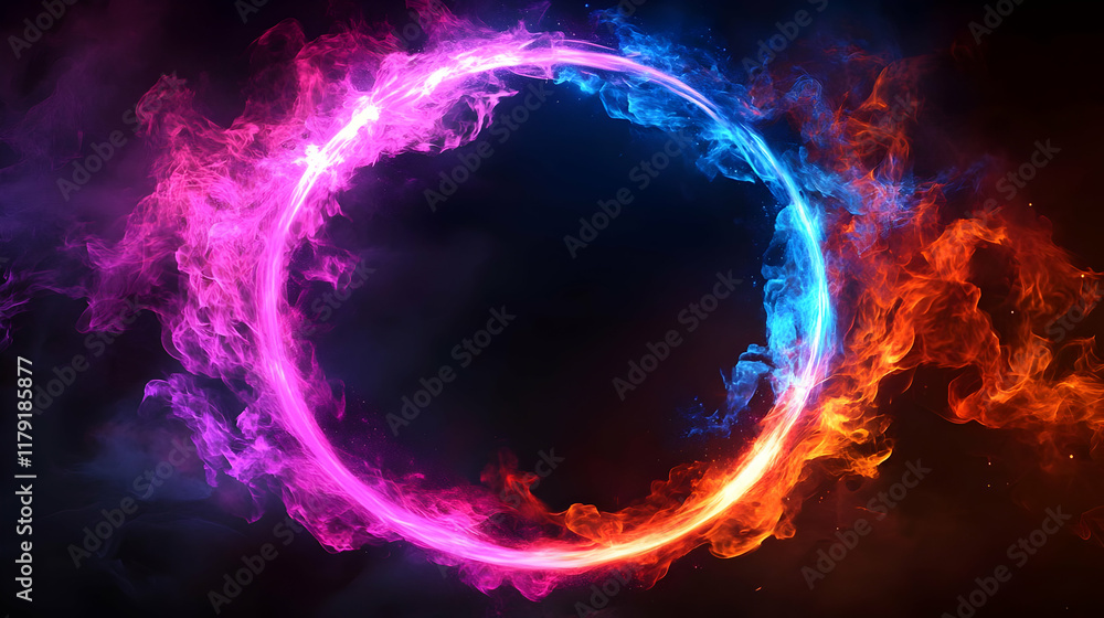 Poster circular fire and ice frame creates a dynamic contrast on a dark background