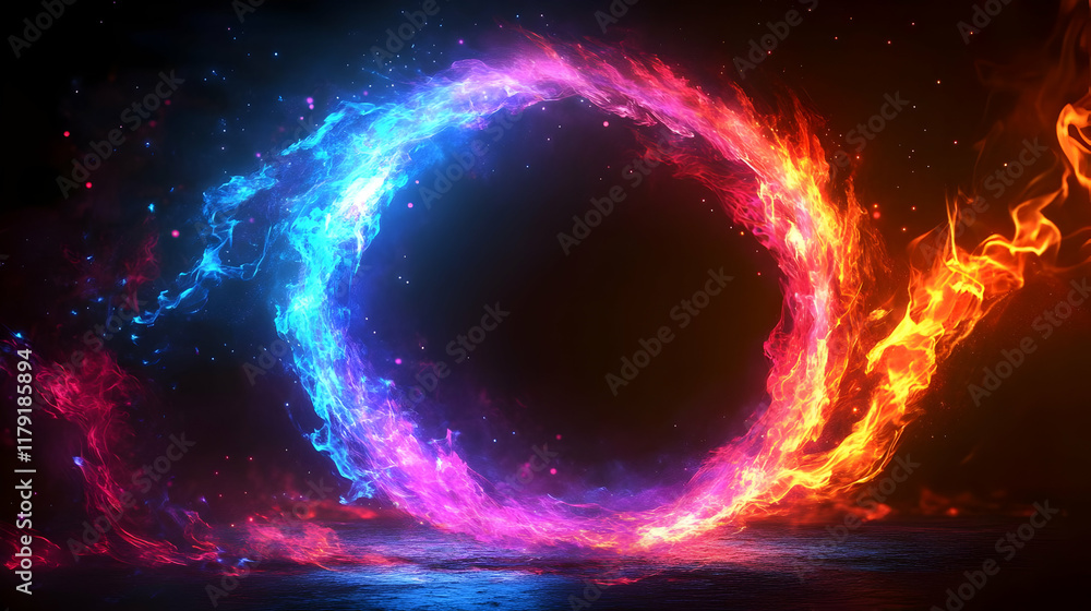 Poster fire and ice swirl creates a glowing abstract portal on a dark background with lighting effects.