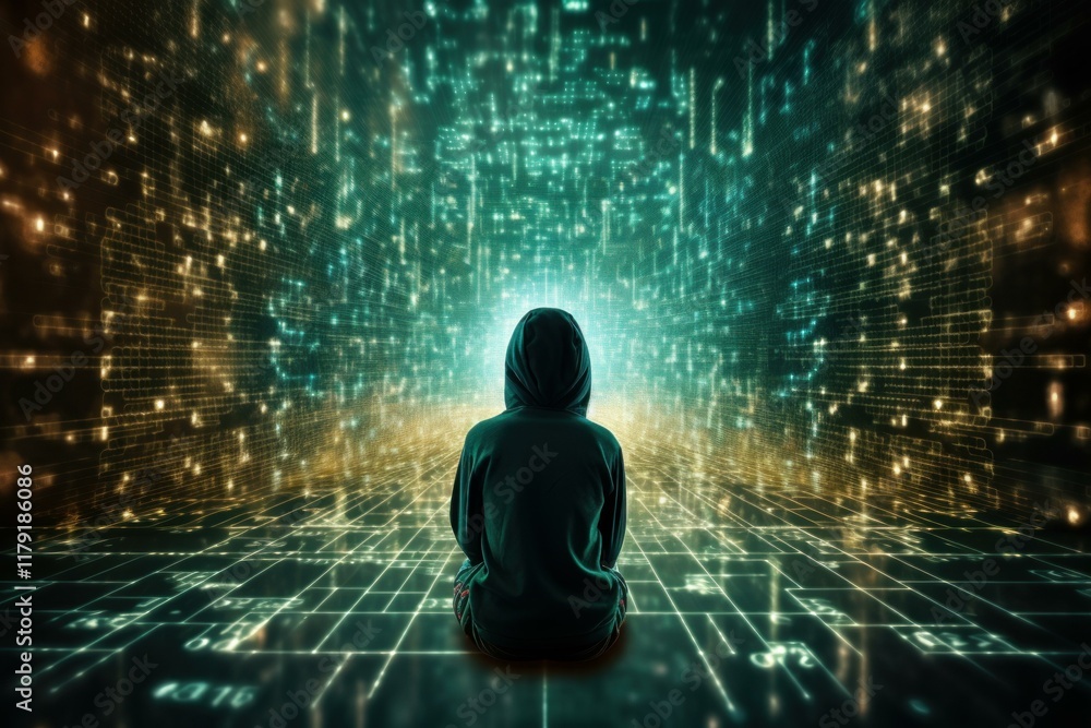 Poster hacker wearing a hoodie is sitting and meditating inside a virtual reality simulation of cyberspace 
