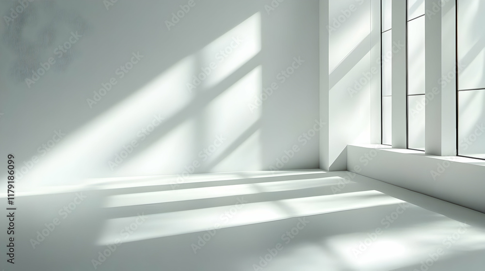 Aufkleber empty white room with window and shadows casts on the floor, creating a minimalist aesthetic.