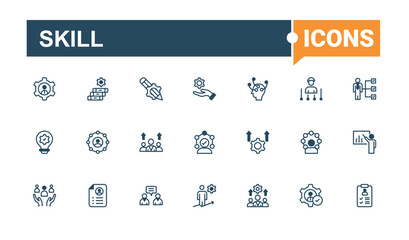 Skill lined icons set. Icons work, innovation, confidence, management, skill, time and more. Outline icon. Editable vector outline and solid icons.