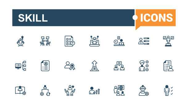 Skill lined icons set. Icons work, innovation, confidence, management, skill, time and more. Outline icon. Editable vector outline and solid icons.