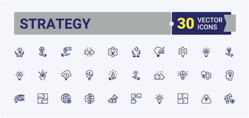 Strategy icons set in linear style. Featuring ai, assist, innovation, info, technology, business, tech, solution. Thin outline icons pack. Editable vector outline and solid icons.