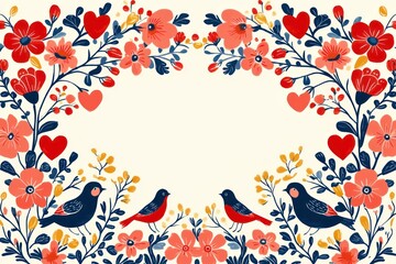 Elegant Red Floral Border Design with Birds for Valentine's Day Decorations, Featuring Simple and Minimal Elements for a Romantic Background