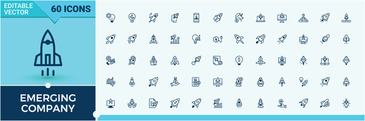 Set of Emerging Company line icons. It contains symbols to innovation, startup, success, on, planning and more. Web icons. Editable vector icon and illustration.