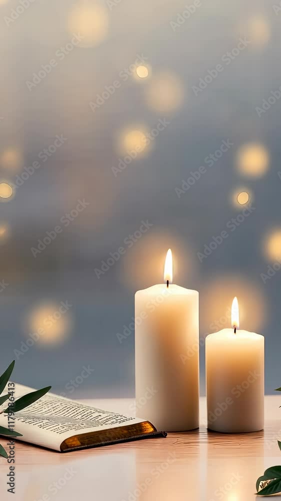 Poster enjoy a calming atmosphere created by flickering candles and an open book surrounded by gentle bokeh