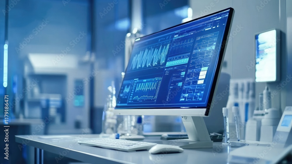 Poster advanced technology monitor displaying data and analytics in office