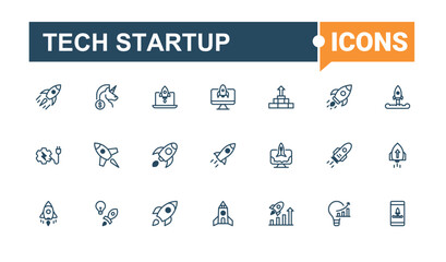 Set of Tech Startup line icons. Icons rocket, element, entrepreneur, startup, up, marketing and more. Simple line vector. Outline and solid pictogram.