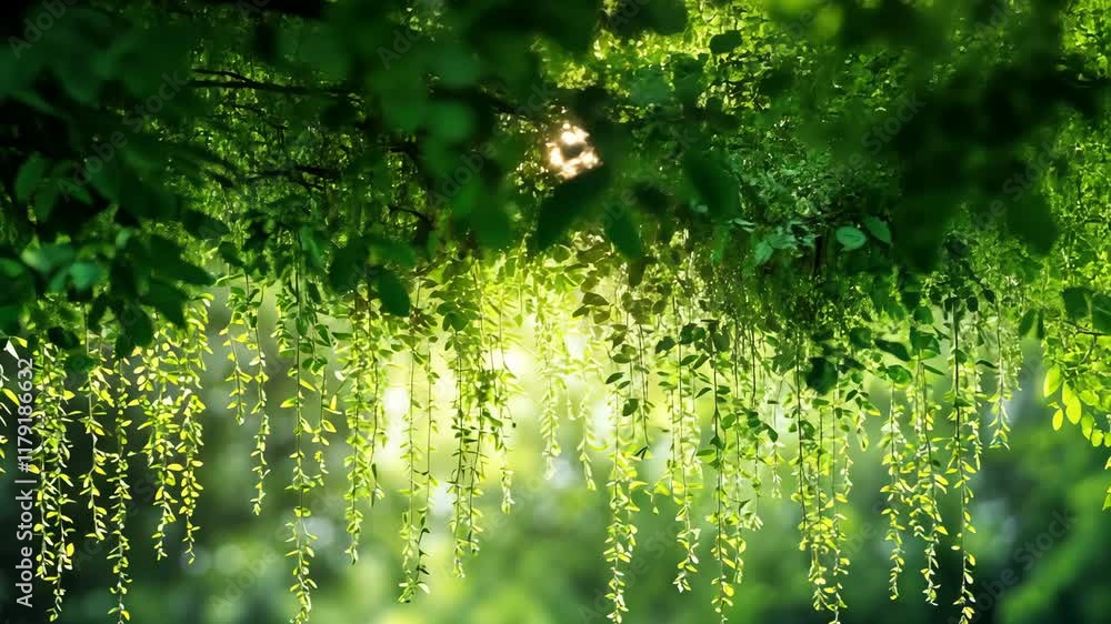 Poster sunlight filters through lush green leaves, creating a serene atmosphere in a tranquil forest settin