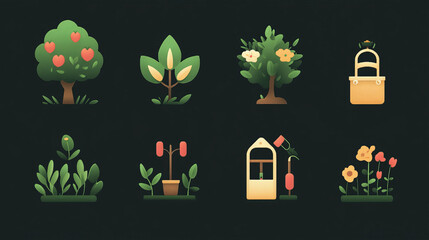 Green landscape design icons template for build and maintain service or eco environment company. Vector symbols of gardening or garden horticulture landscaping for green ecology nature trees or park