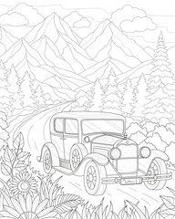 Car on the road. Nature, mountains, flowers. Coloring page for adults. Vector image.