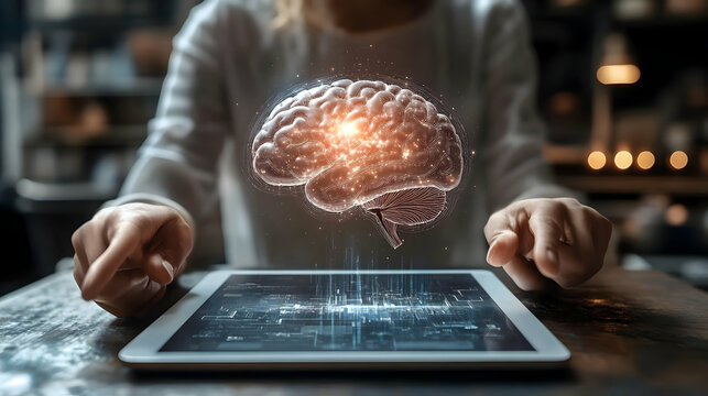 3D Brain Hologram Displayed Above Tablet with Data Stream by User's Interaction with Technology.