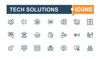 Tech Solutions lined icons set. Related to business, ai, network, technology, graphic, computer, info and more. Minimalistic icons. Vector line and solid icons.