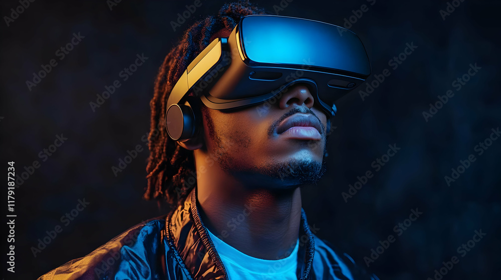 Poster man explores virtual reality using vr headset immersively in dark room